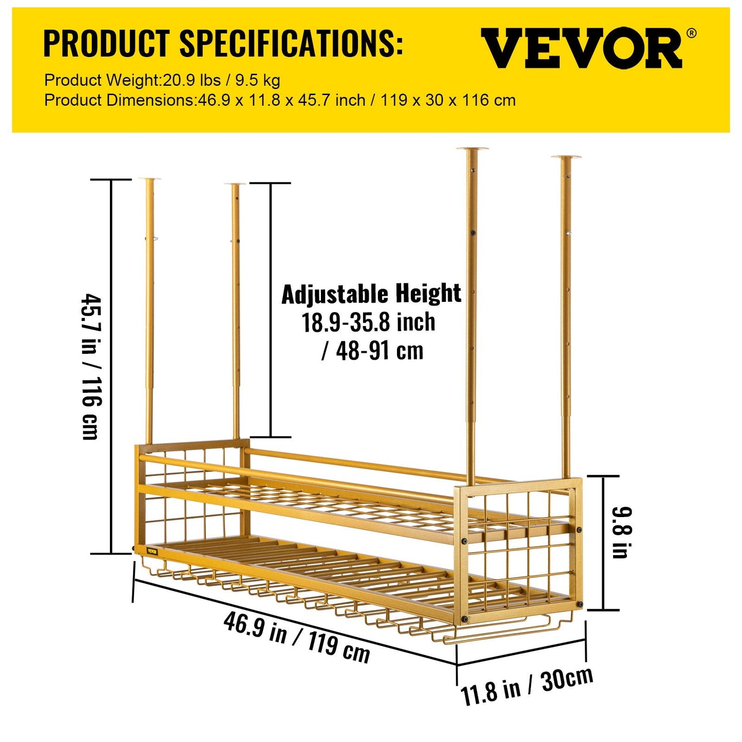 Gold Ceiling-Mounted Wine Rack with Adjustable Height and Glass Holder, 119x30cm