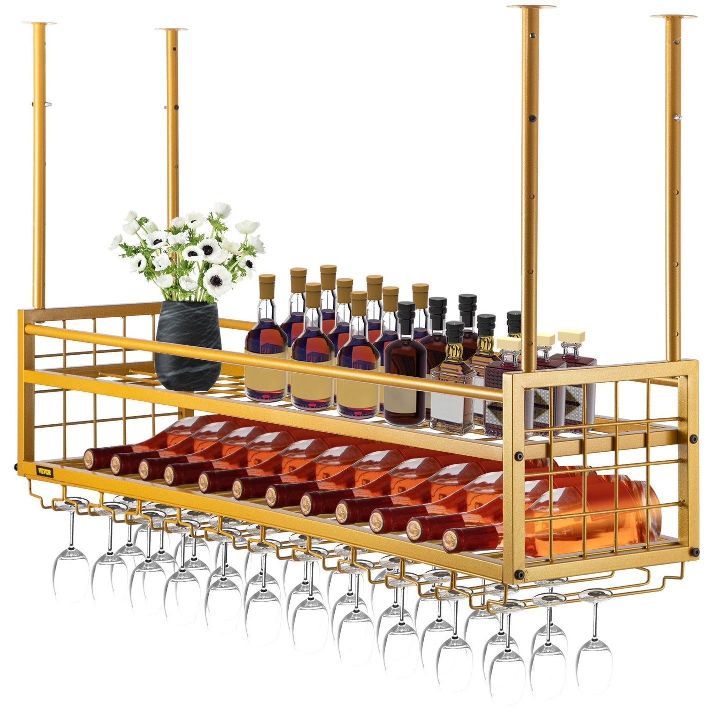 Gold Ceiling-Mounted Wine Rack with Adjustable Height and Glass Holder, 119x30cm