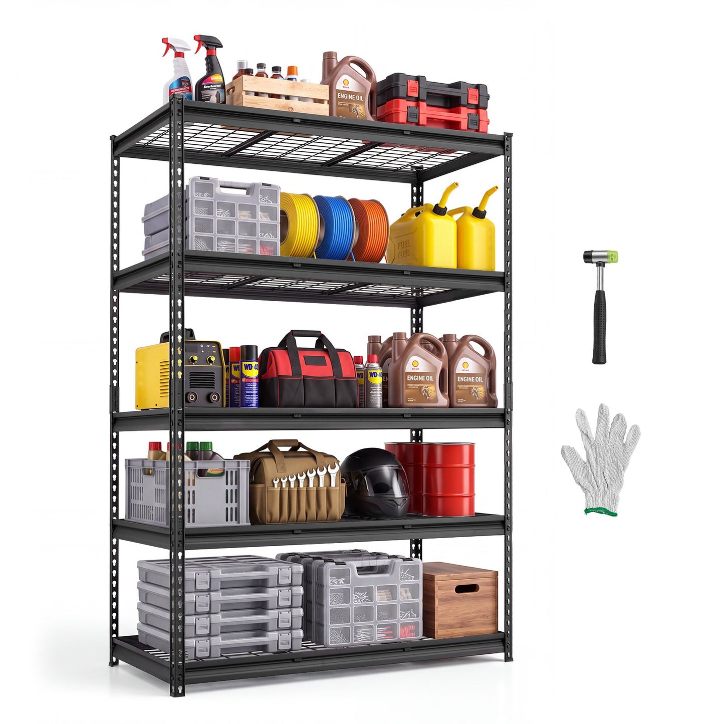 Storage Shelves, 5-Tier 1361 kg Garage Shelving 122 x 61 x 181.3 cm, for Garage, Basement, Warehouse, Kitchen, Heavy-Duty Metal Stable Construction, Adjustable Wire Racks, with Gloves, Black