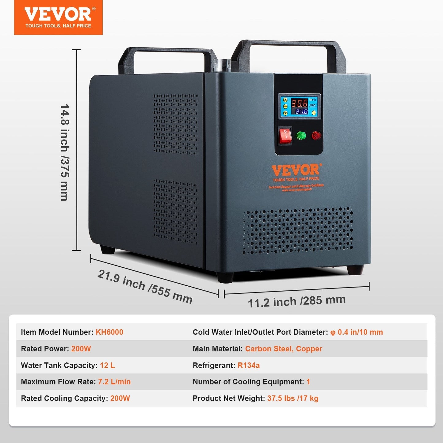 Industrial Laser Water Chiller KH-6000, 12L, 200W, 7.8L/min, 17kg, Metal Casing