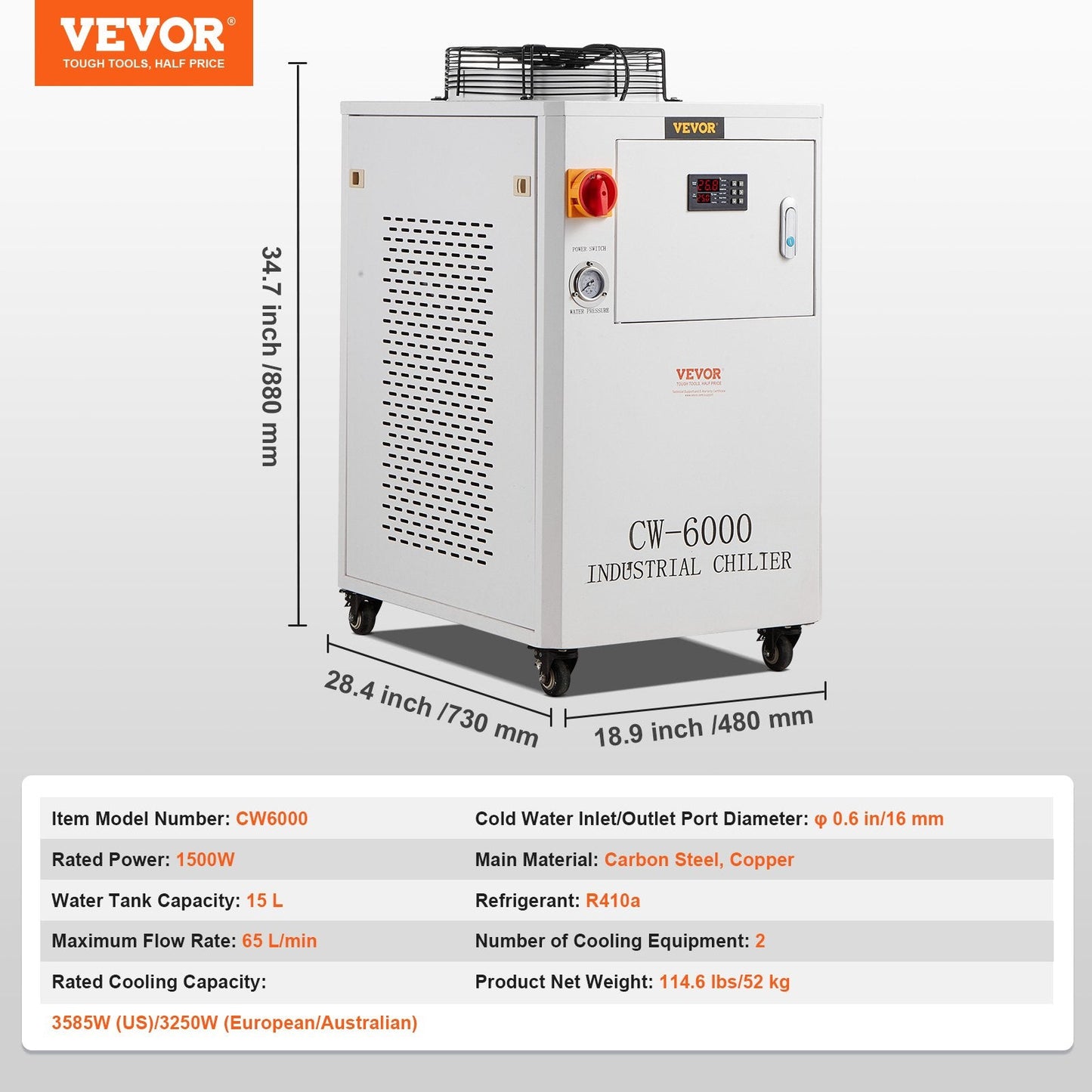 Industrial Water Chiller CW6000, 1500W, 15L Tank, 65 L/min Flow for Laser Machines