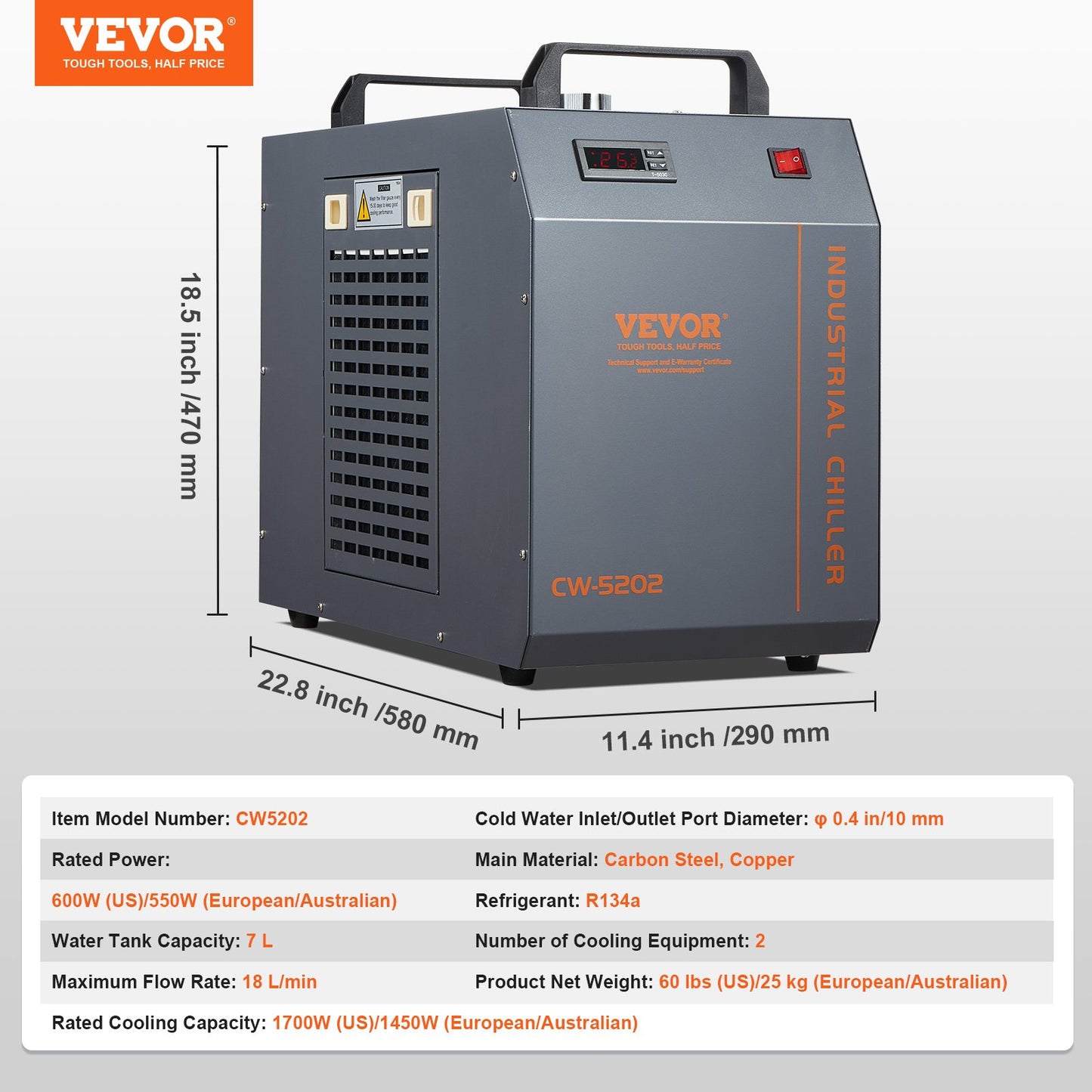 VEVOR Industrial Water Chiller, CW-5202, Industrial Water Cooler Cooling System