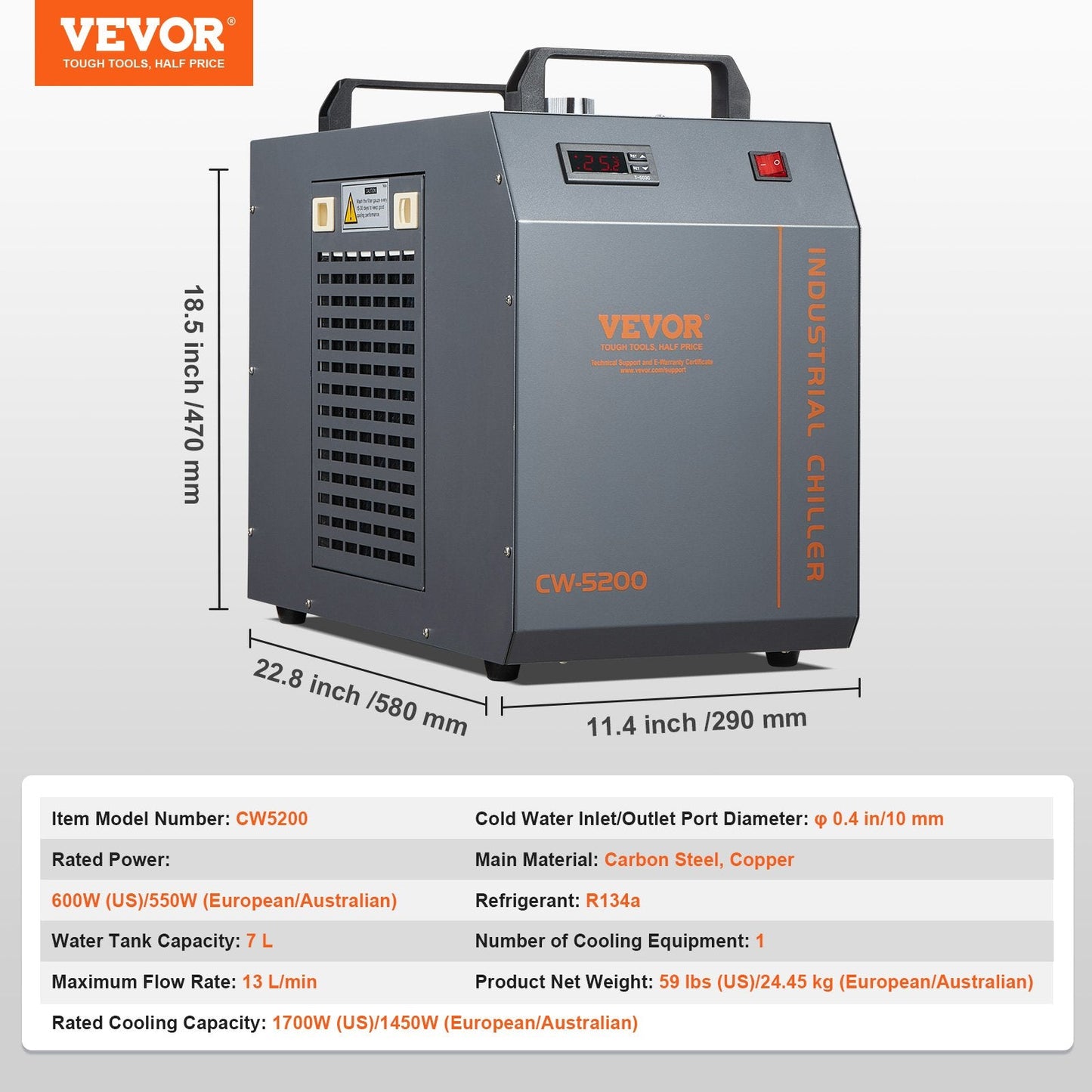 Industrial Water Cooler with Built-in Compressor, 7L Tank, 1450W Cooling Capacity