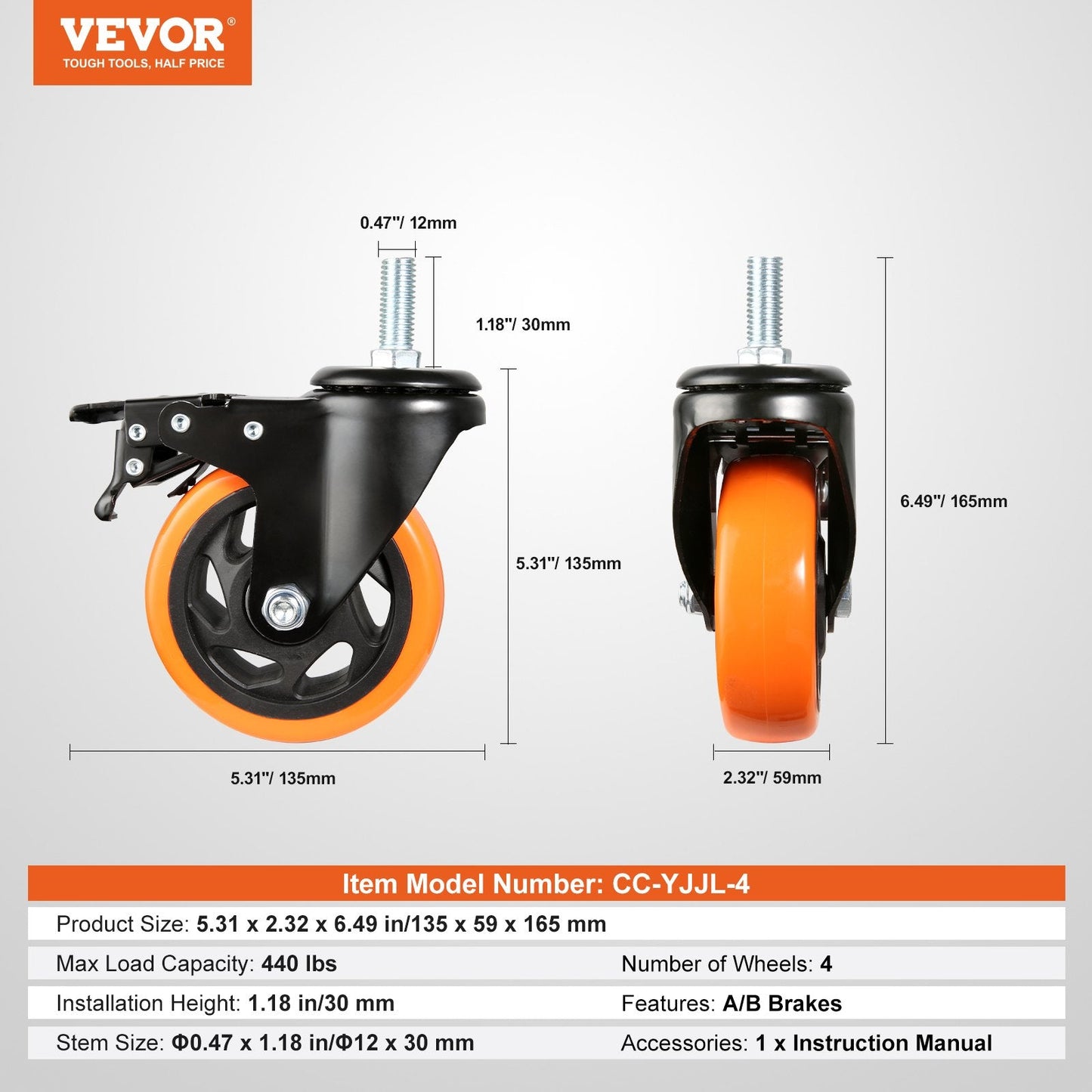 Heavy Duty 0.1 m Caster Wheels Set with Dual Locking, 200 kg Capacity