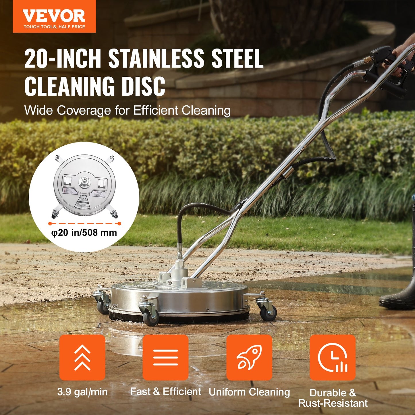 VEVOR 20" Pressure Washer Surface Cleaner w/ Handles & Wheels, Stainless Steel Concrete