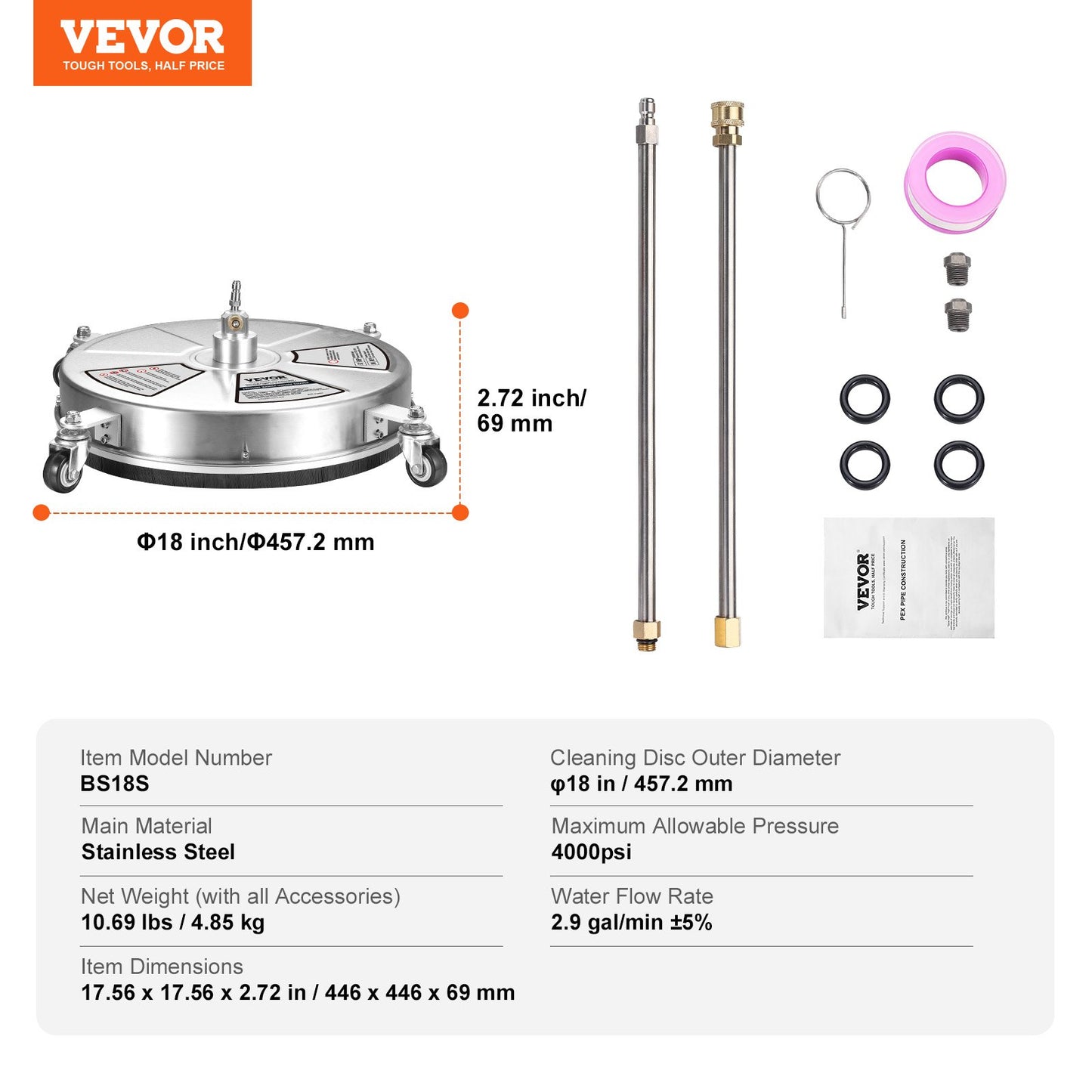 VEVOR 18" Pressure Washer Surface Cleaner w/ Wheels, Stainless Steel Concrete Cleaner