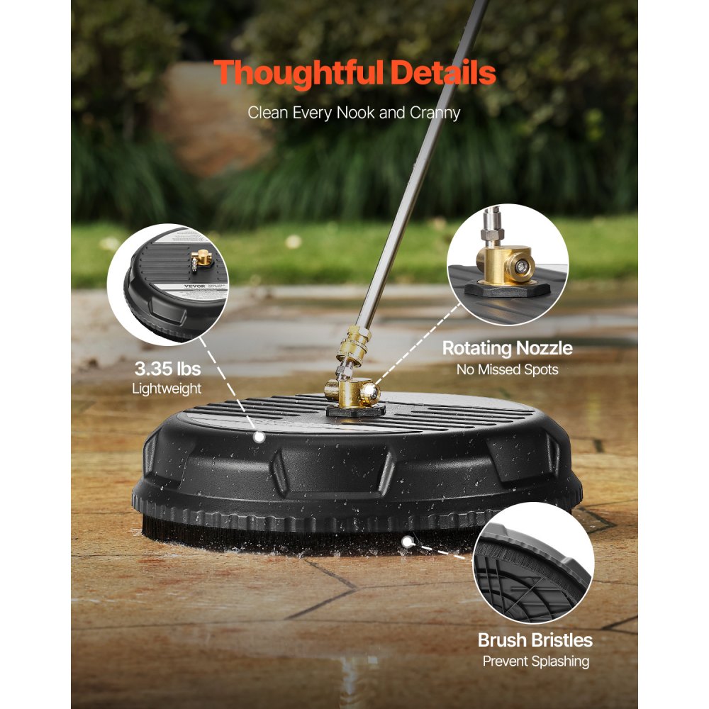 VEVOR 15" Pressure Washer Surface Cleaner 4000 Max PSI Plastic 2 Extended Wands