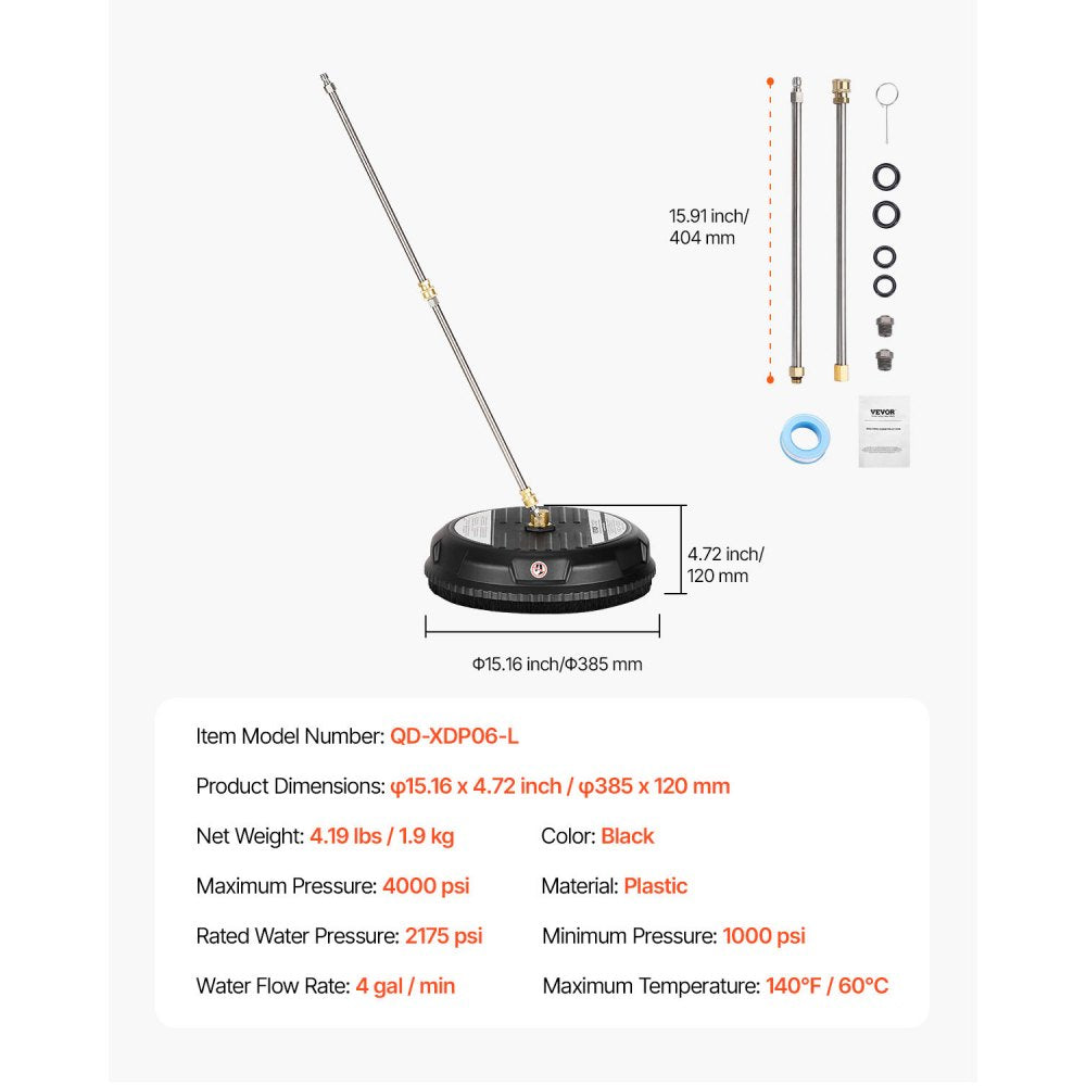 VEVOR 15" Pressure Washer Surface Cleaner 4000 Max PSI Plastic 2 Extended Wands