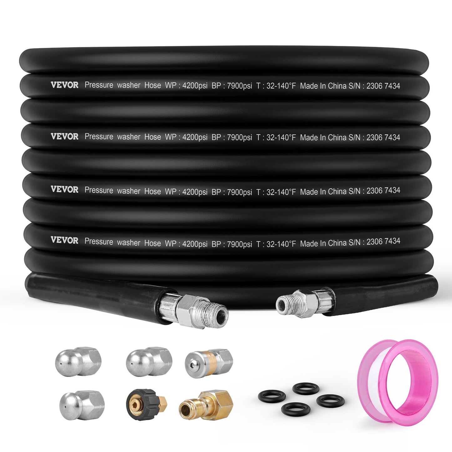VEVOR Pressure Washer Hose, 100FT, 1/4" Kink Free Brass Thread Replacement For Most