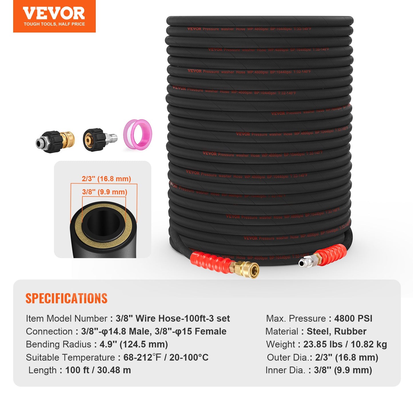 VEVOR Pressure Washer Hose, 100FT, Kink Free 3/8"-φ14.8 Male, 3/8"-φ15 Female For
