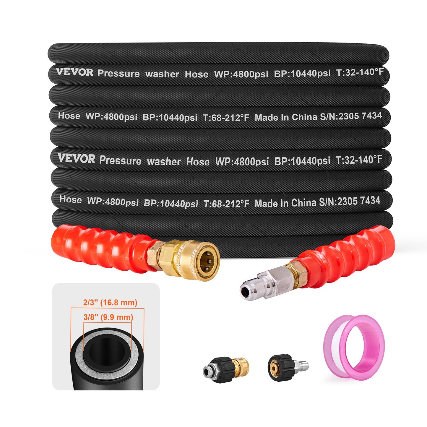 VEVOR Pressure Washer Hose, 100FT, Kink Free 3/8"-φ14.8 Male, 3/8"-φ15 Female For