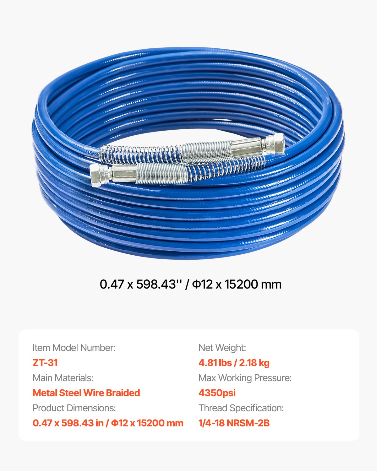 VEVOR 50ft Airless Paint Sprayer Hose 1/4 in Universal Airless Paint Spray Hose
