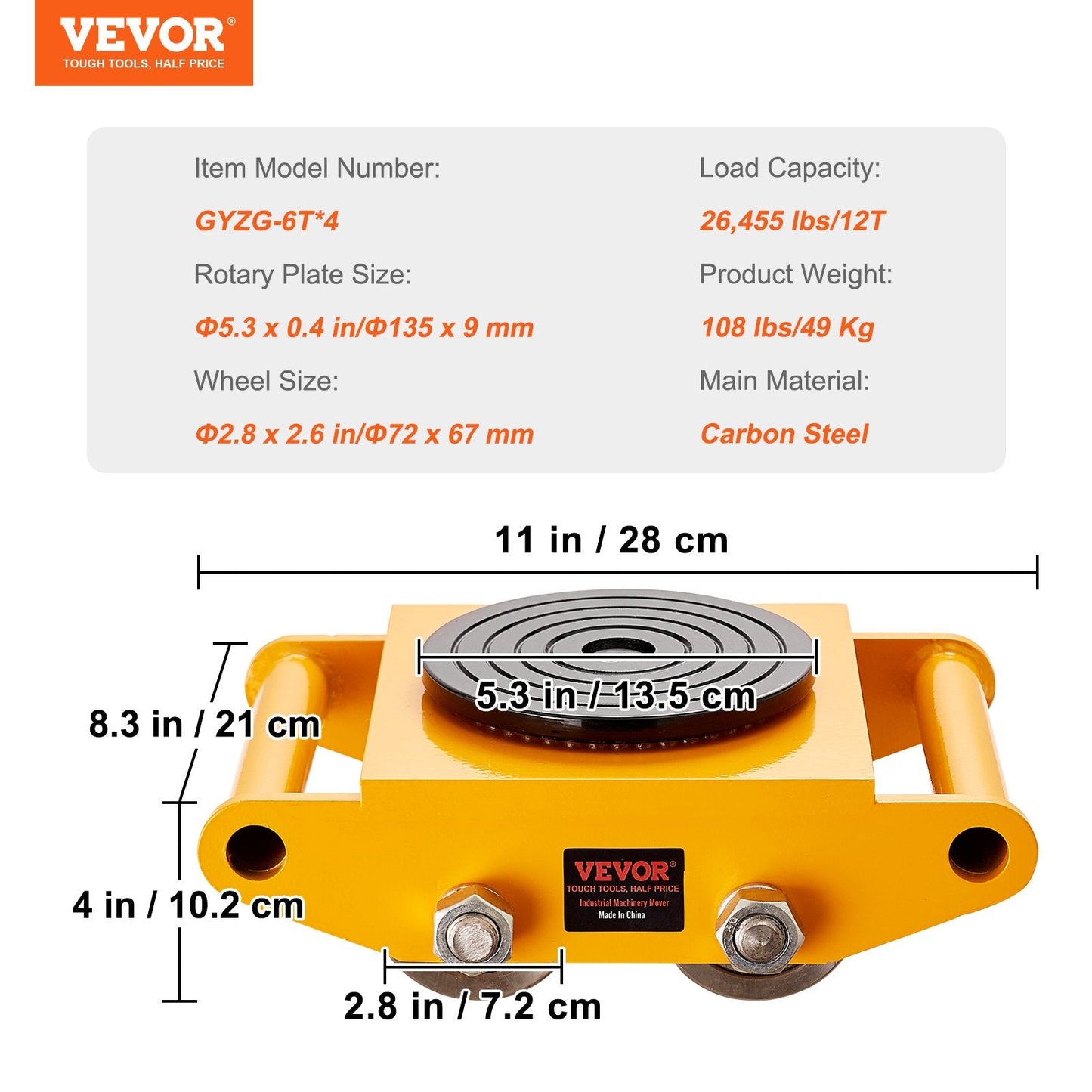 Heavy-Duty Machinery Skate Dolly Set with 4 Carbon Steel Wheels, 12T Capacity