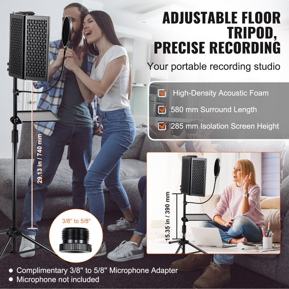 VEVOR Microphone Isolation Shield 5-Panel with Pop Filter Floor Tripod Stand
