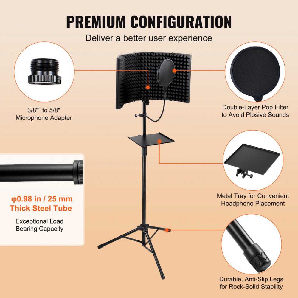 VEVOR Microphone Isolation Shield 5-Panel with Pop Filter Floor Tripod Stand