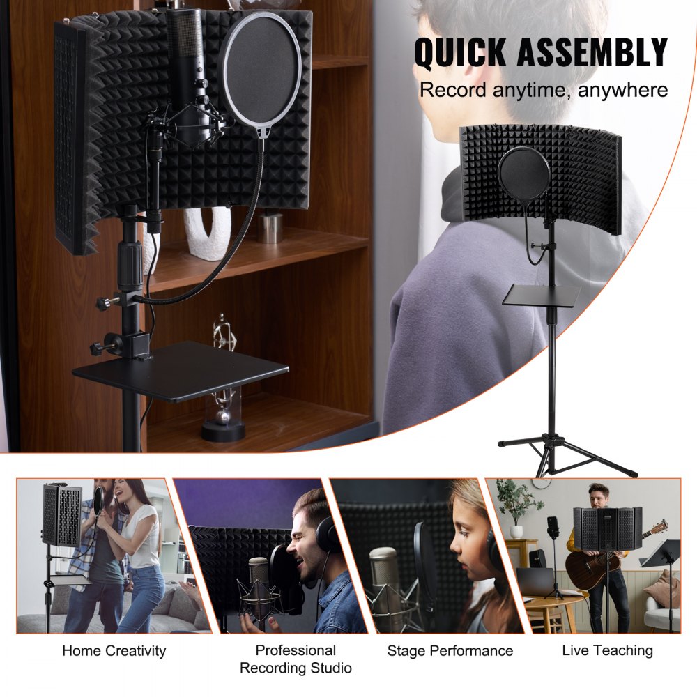 VEVOR Microphone Isolation Shield 5-Panel with Pop Filter Floor Tripod Stand