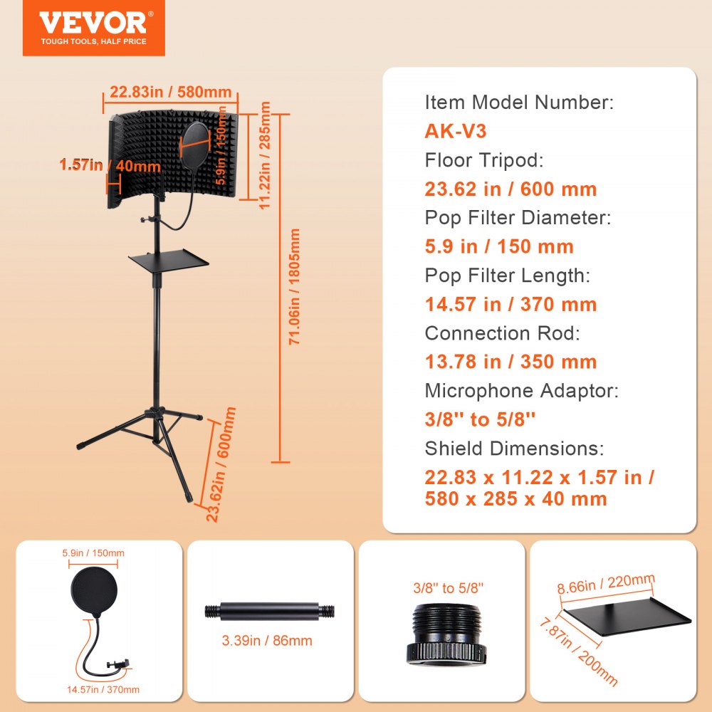 VEVOR Microphone Isolation Shield 5-Panel with Pop Filter Floor Tripod Stand