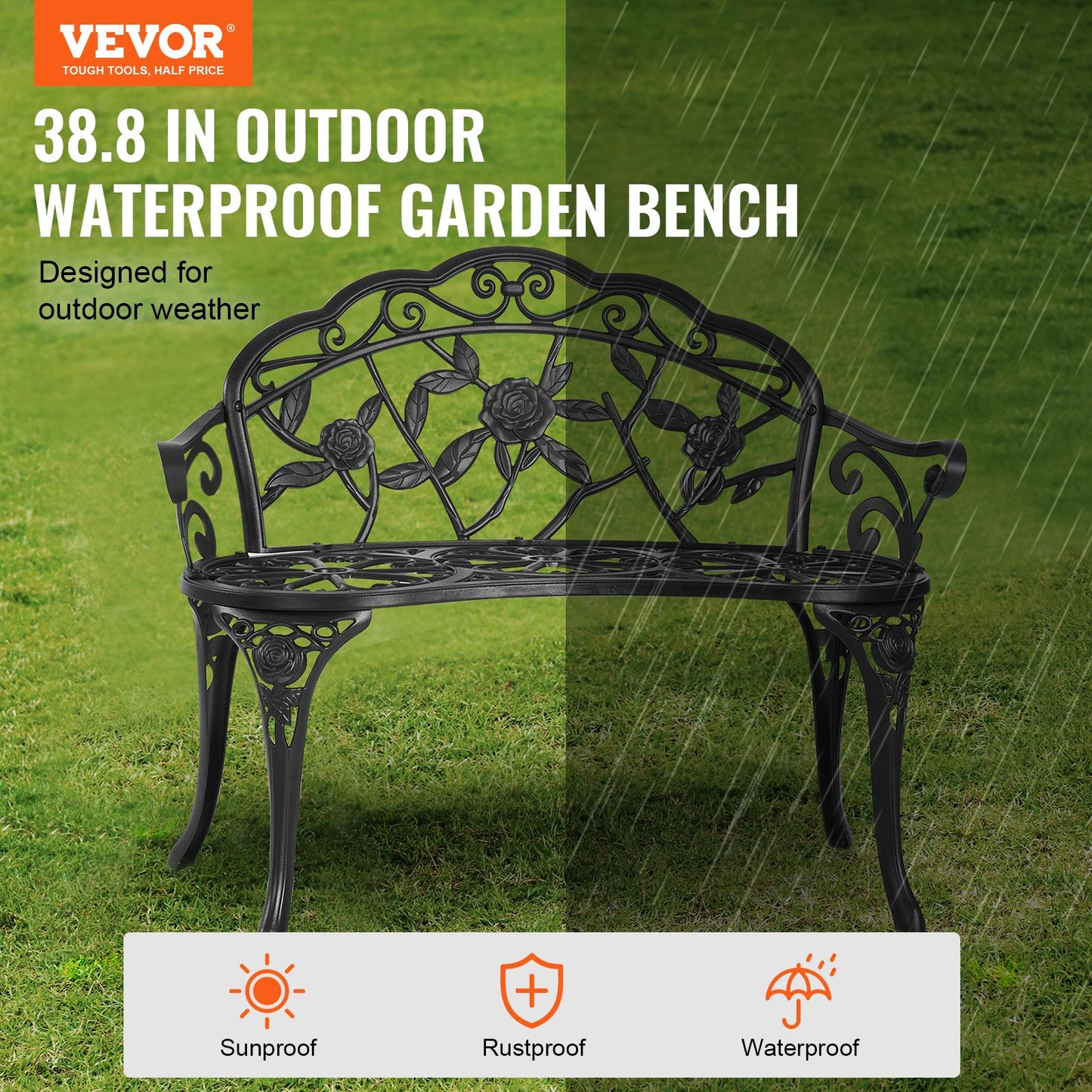 VEVOR Outdoor Bench, 38.8 inches Metal Garden Bench for Outdoors, 480 lbs Load Capacity