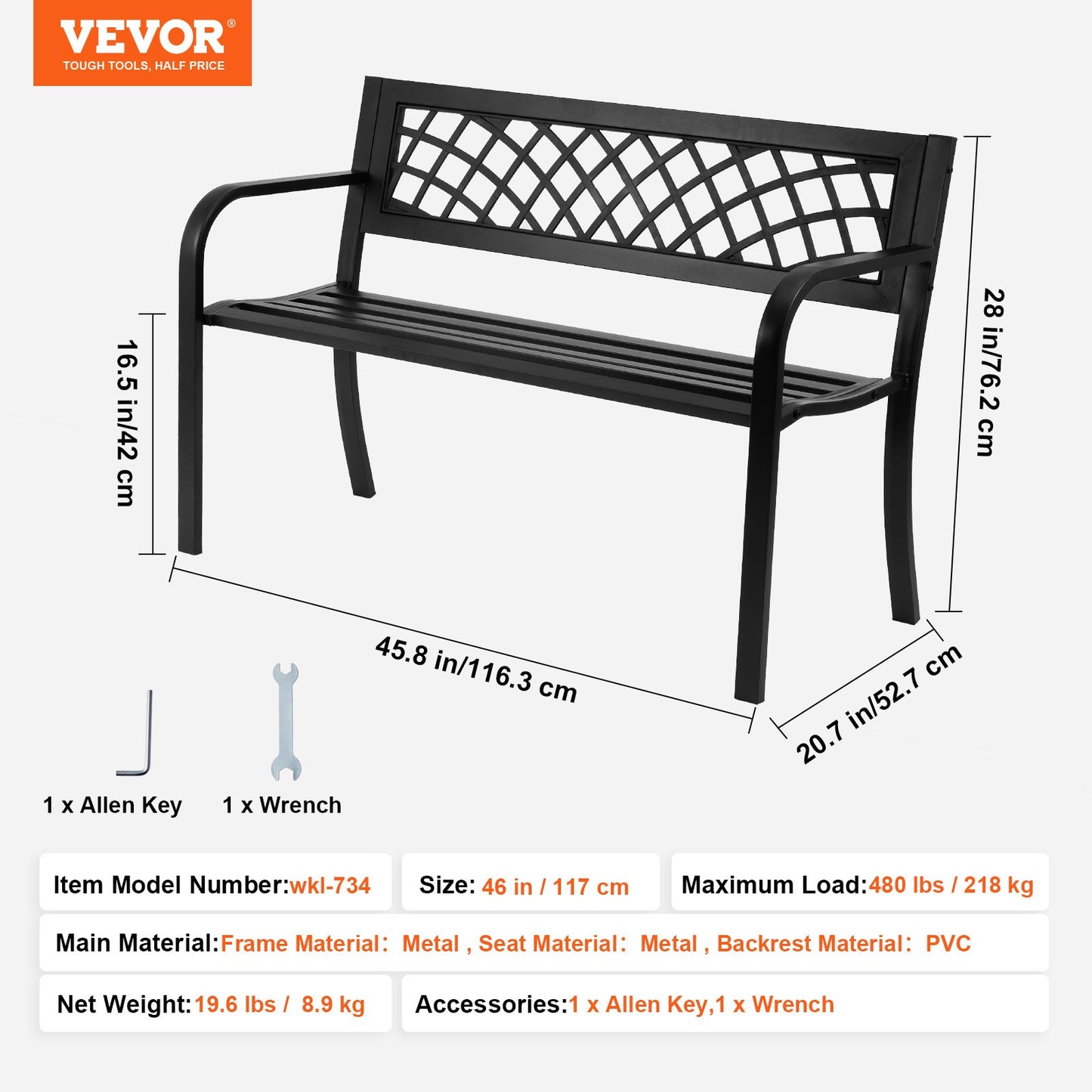 VEVOR Outdoor Bench, 46 inches Metal Garden Bench for Outdoors, 480 lbs Load Capacity