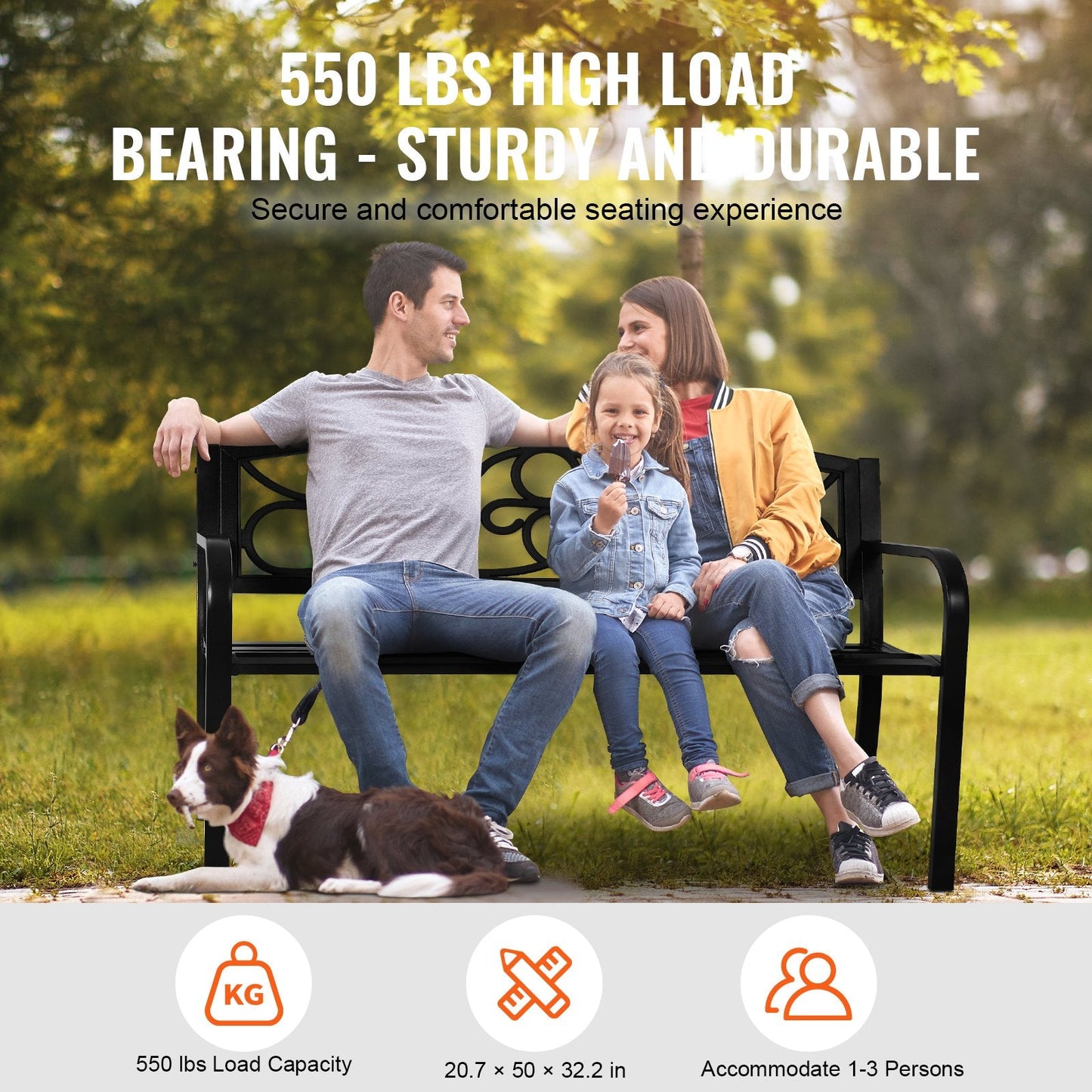 Durable 1.27m Metal Garden Bench with 250kg Load Capacity for Outdoor Spaces