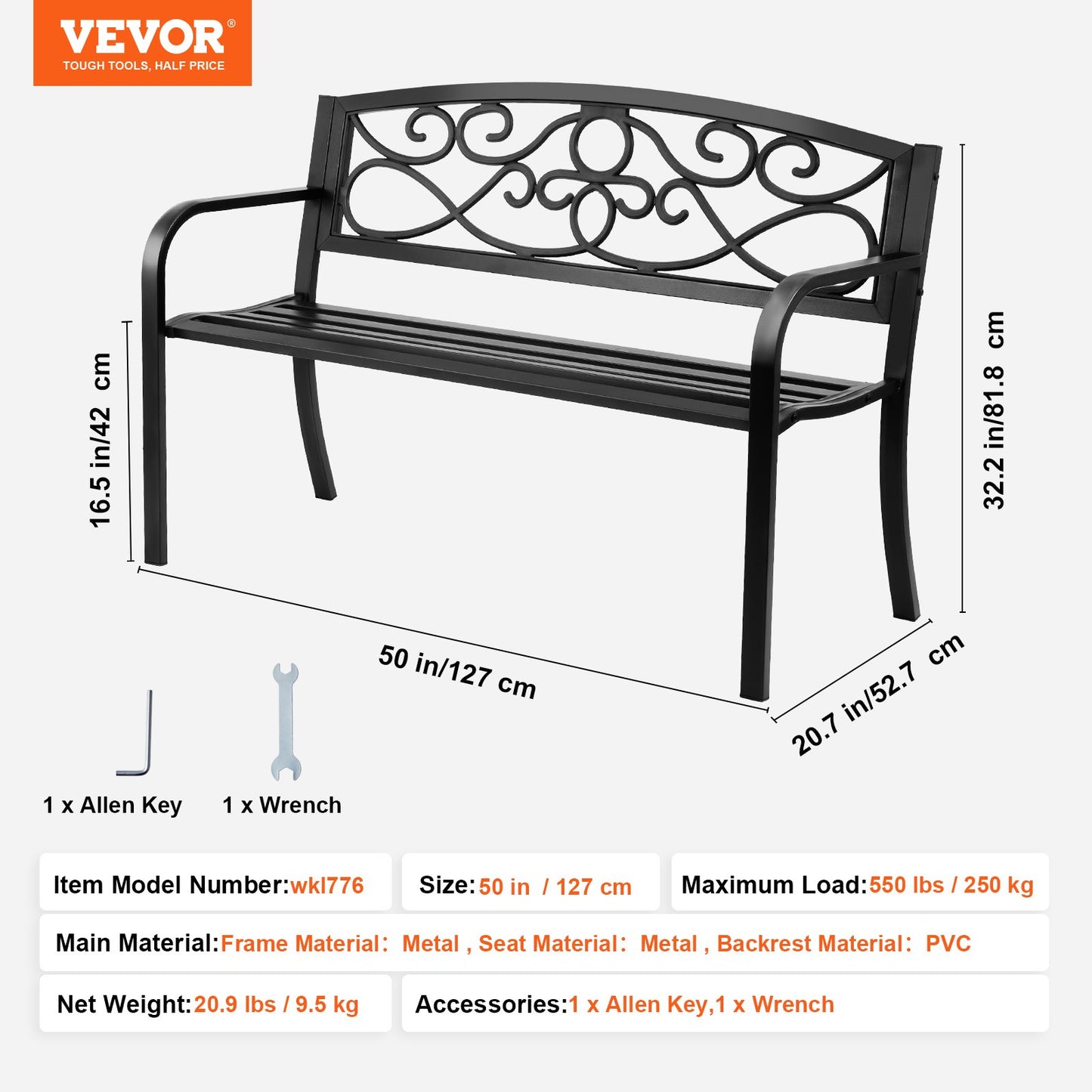 VEVOR Outdoor Bench, 50 inches Metal Garden Bench for Outdoors, 550 lbs Load Capacity
