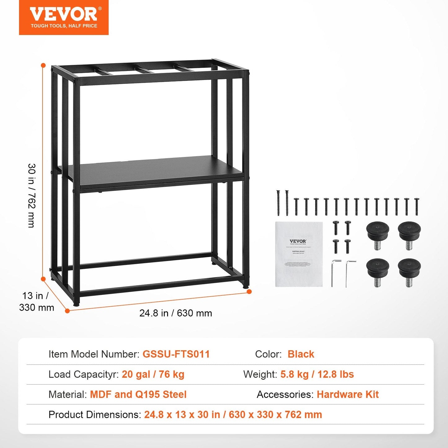 Steel Aquarium & Reptile Tank Stand, 20 Gallon, 0.6 x 0.3 x 0.8 m, Black, 76 kg Capacity