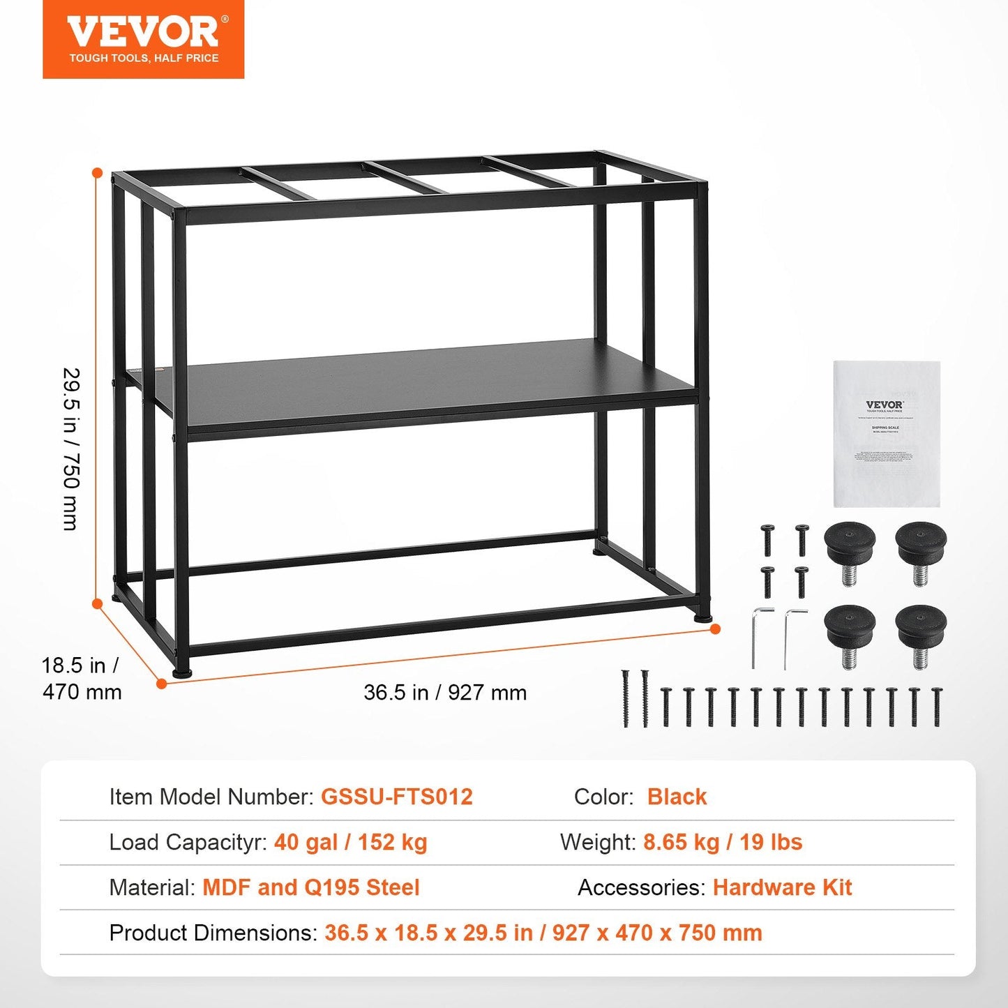 Steel Aquarium & Reptile Stand, 40 Gallon, 92x47x75cm, 152kg Capacity, Black
