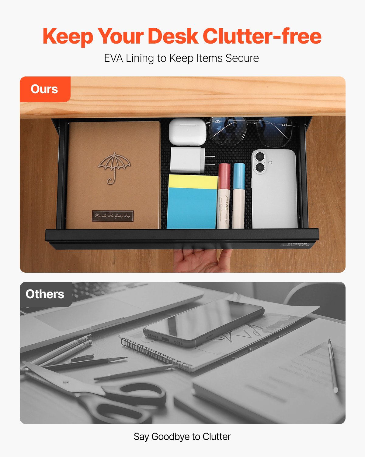 VEVOR 40 cm Under Desk Drawer Organizer Slide-out Drawer Space Saver Home Office