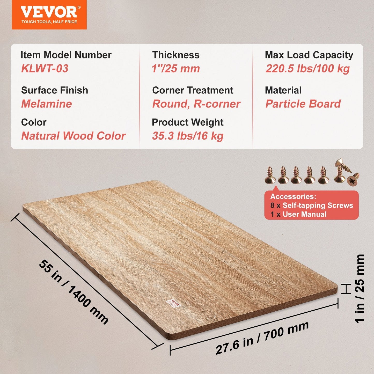 Universal Particle Board Desktop, 1400 x 700 mm, 100 kg Capacity, Natural Wood