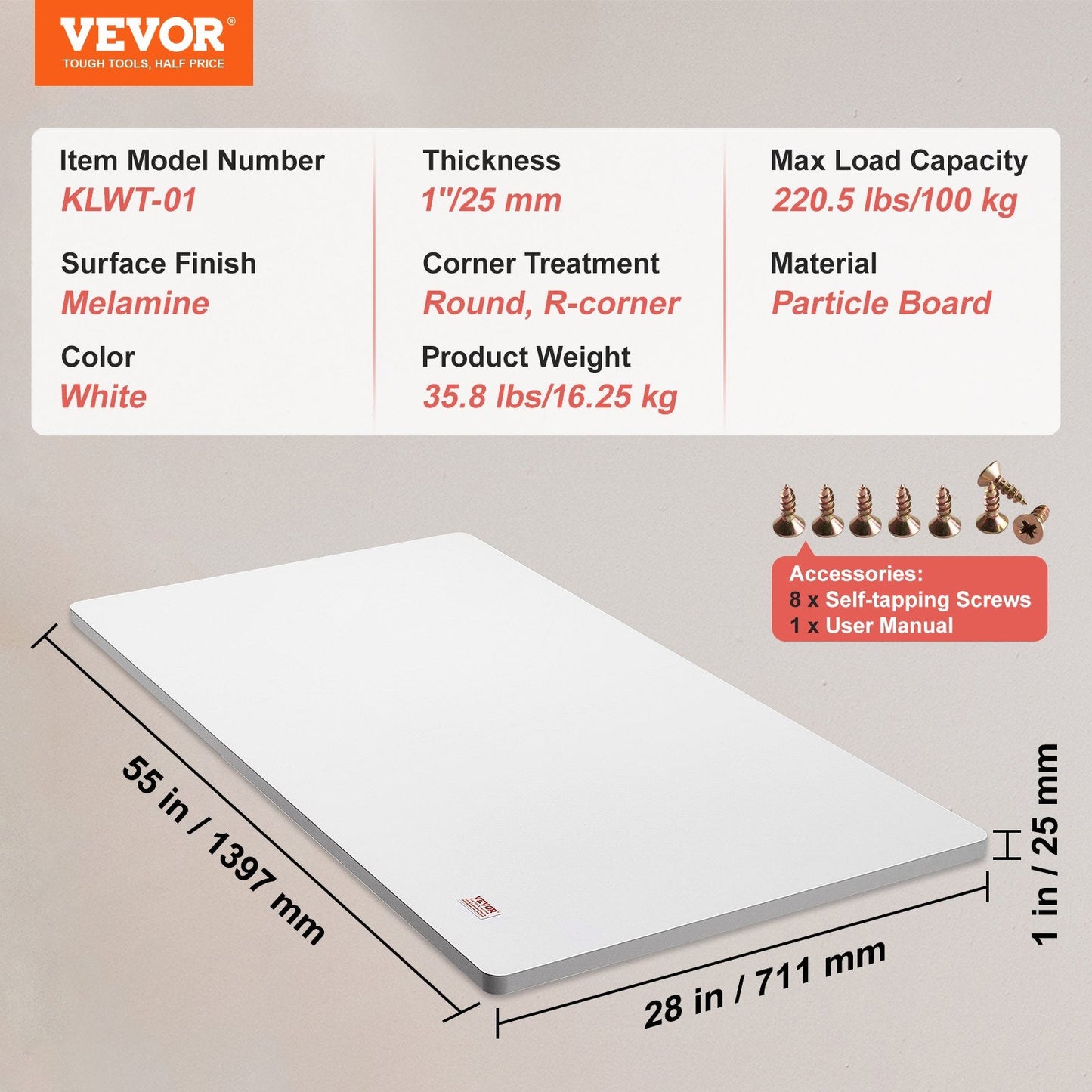 Universal Particle Board Desktop, 1.4m x 0.7m, 100kg Load, Water-Resistant, White