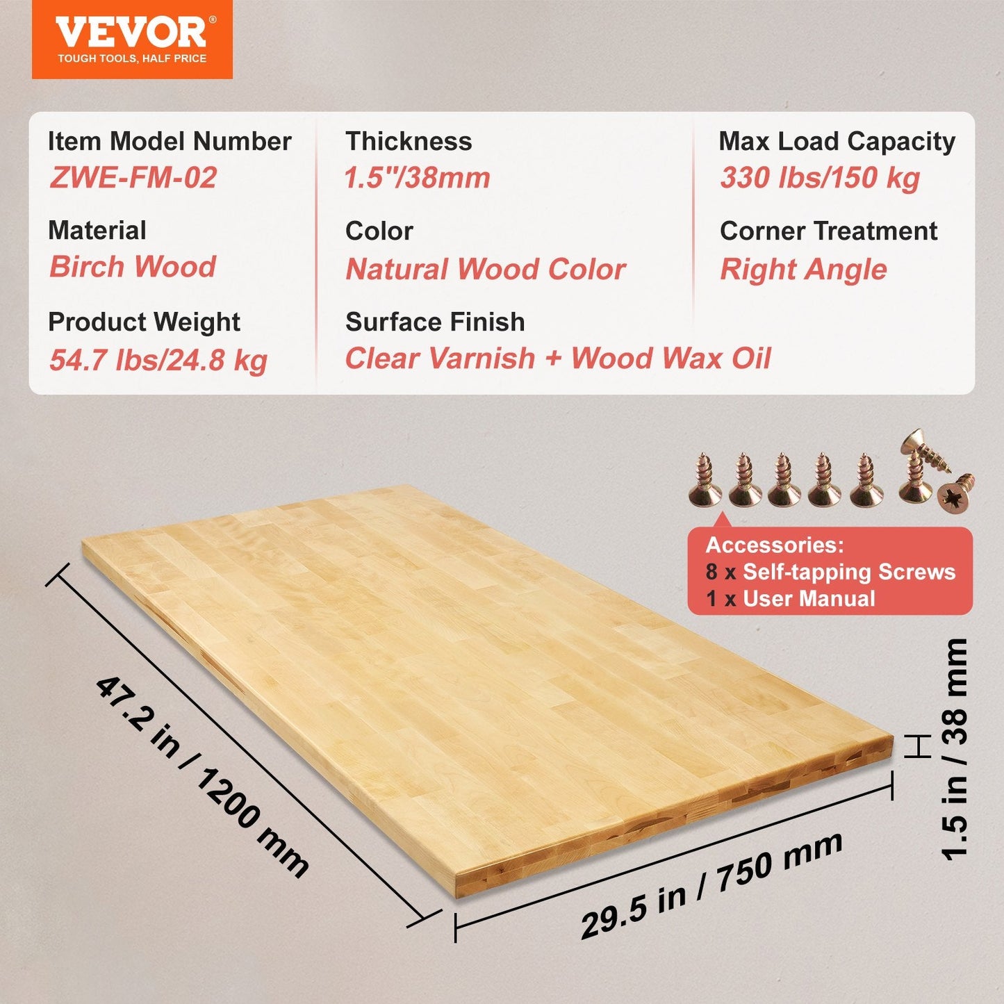 Universal Maple Wood Table Top, 1.2 x 0.75 m, 150 kg Capacity, Water-Resistant