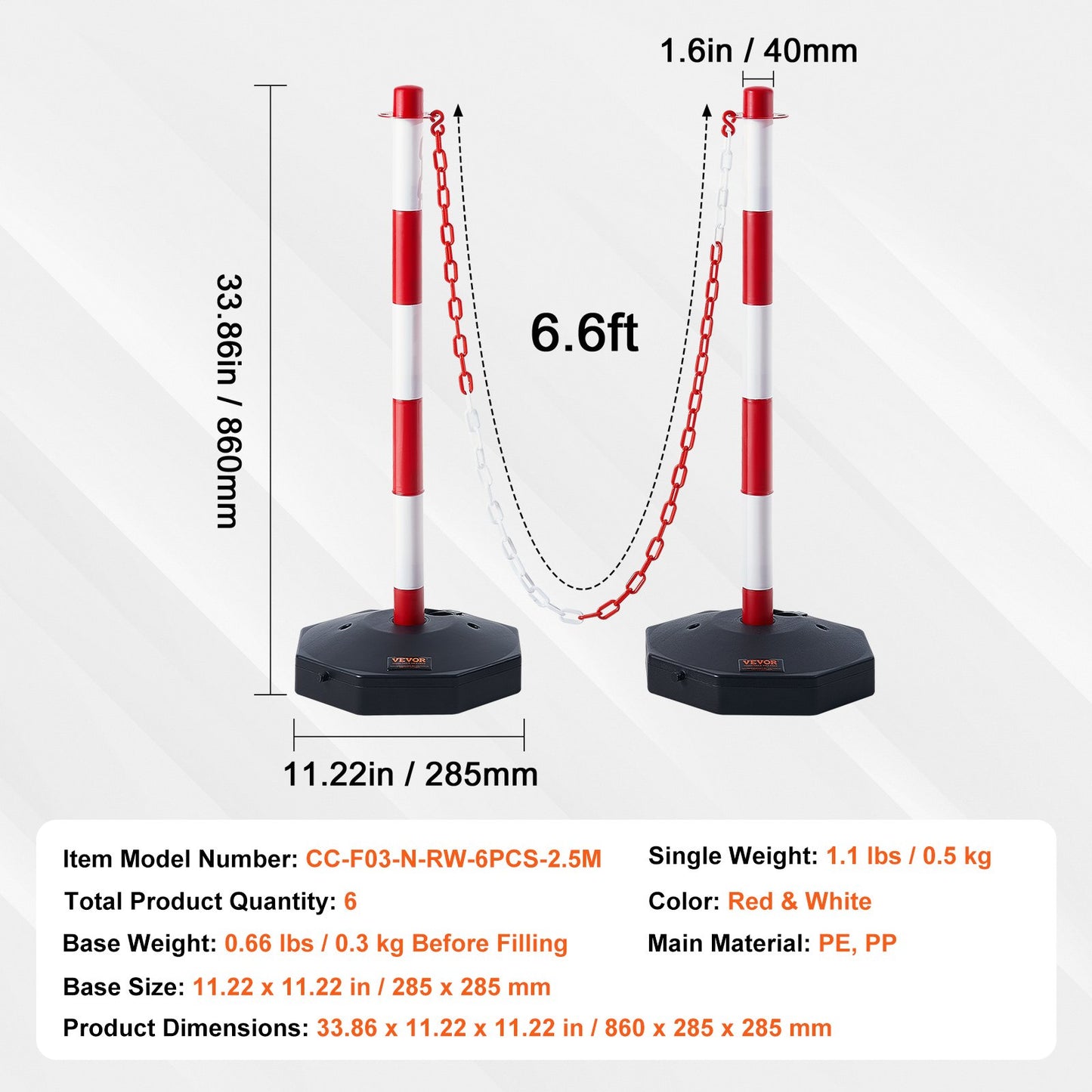 VEVOR 6PCs Traffic Delineator Post Cones with Fillable Base 6.6 FT Chain