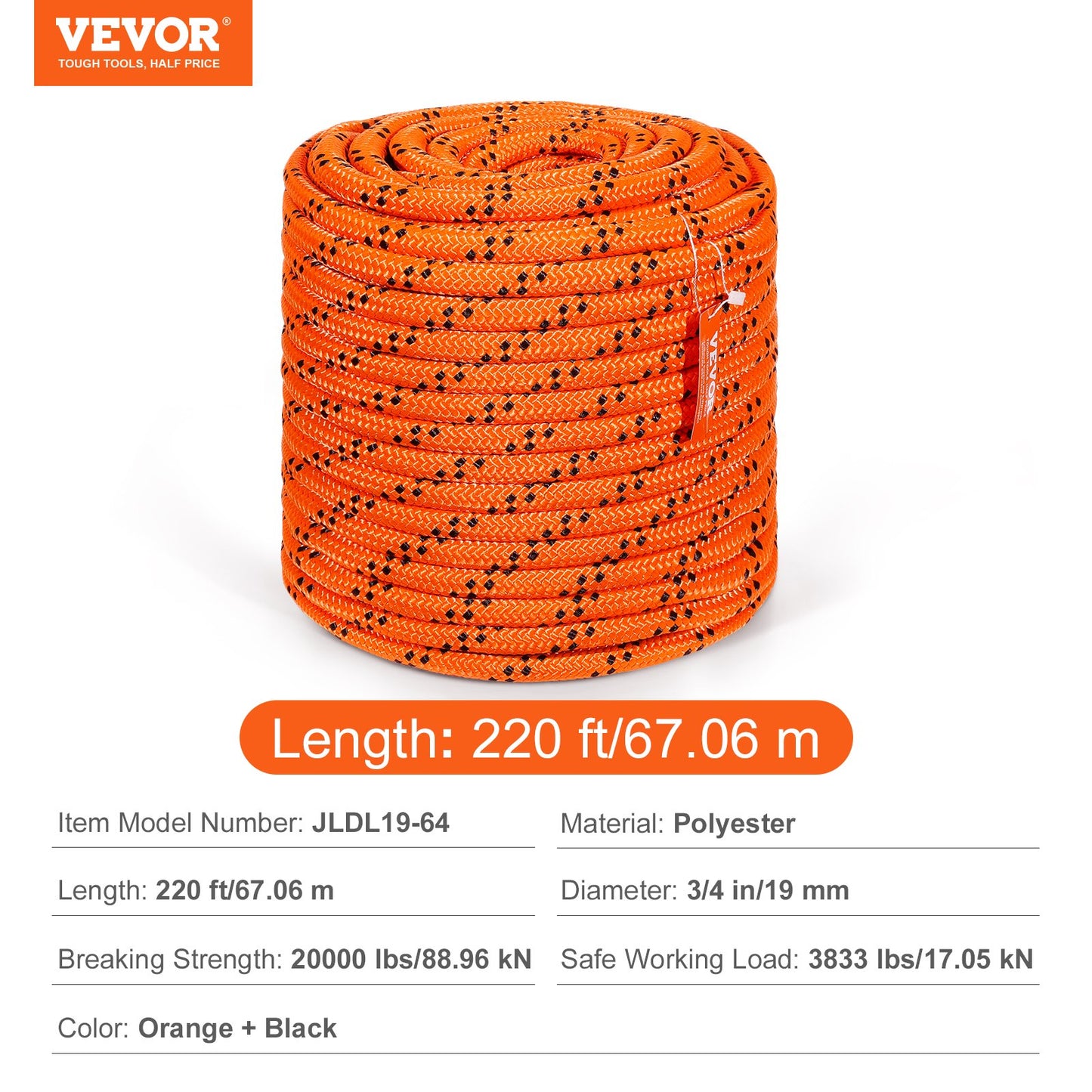 VEVOR Double Braided Polyester Rope, 19 mm x 67.06 m, 24 Strands, 88.96kN Breaking