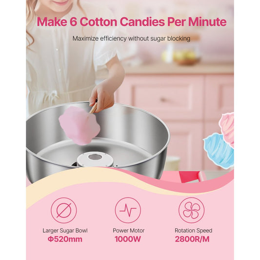 VEVOR Commercial Cotton Candy Machine with Cart Sugar Floss Maker 1000W Party