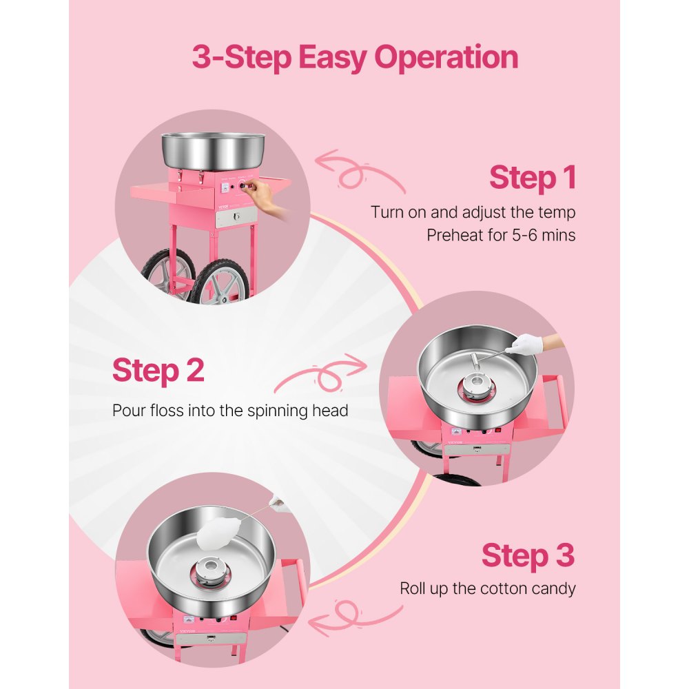 VEVOR Commercial Cotton Candy Machine with Cart Sugar Floss Maker 1000W Party