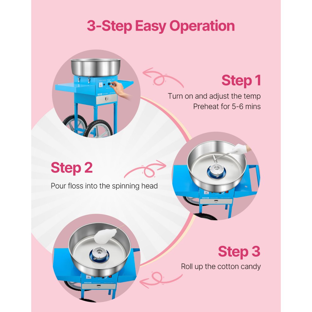 VEVOR Commercial Cotton Candy Machine with Cart Sugar Floss Maker 1000W Blue