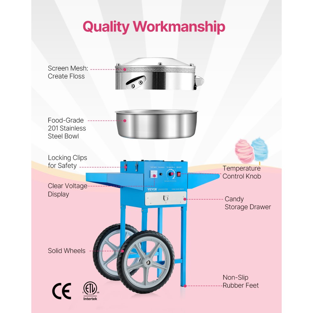 VEVOR Commercial Cotton Candy Machine with Cart Sugar Floss Maker 1000W Blue
