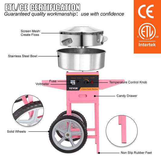 Commercial Cotton Candy Maker with Cart, 1000W, High Yield, Pink, 15 kg