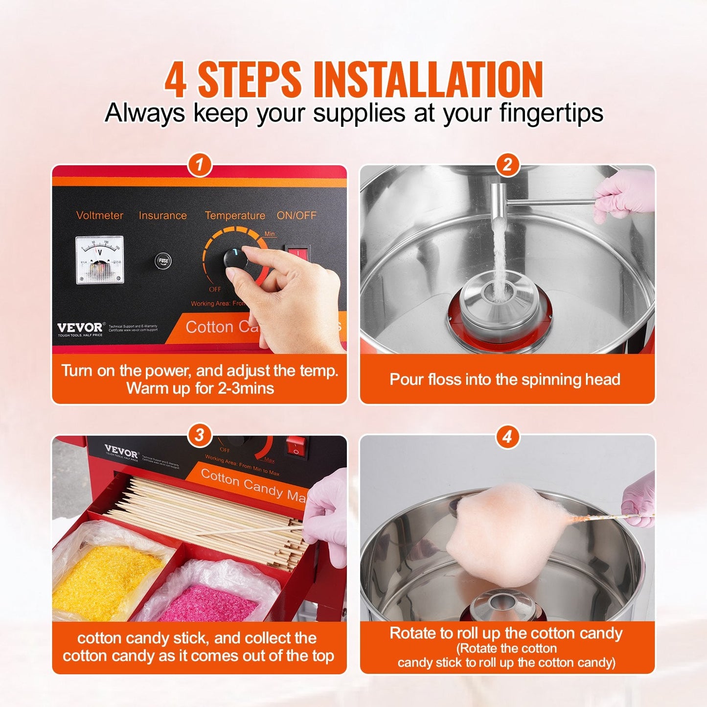 Electric Cotton Candy Maker with Cart, 1000W, Stainless Steel, Red, 15 kg