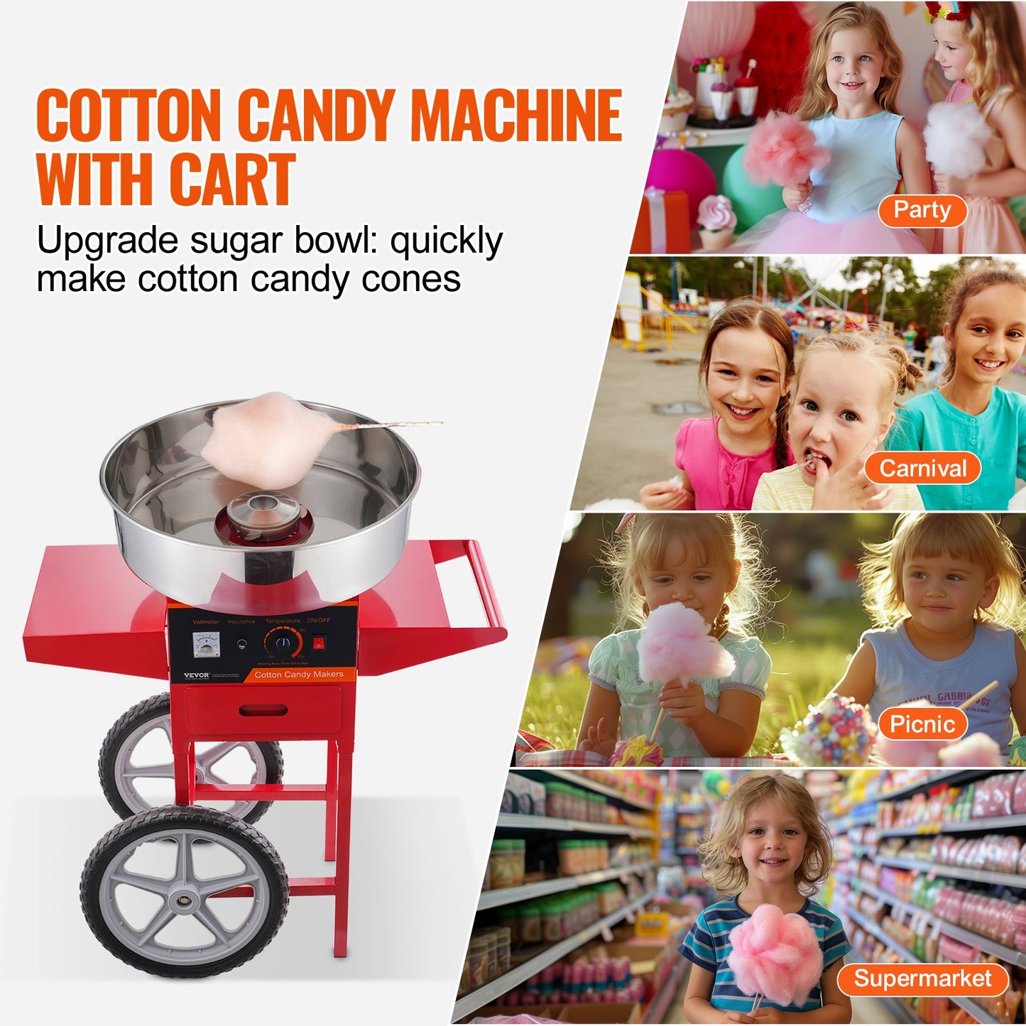 VEVOR Electric Cotton Candy Machine with Cart, 1000W Commercial Candy Floss Maker