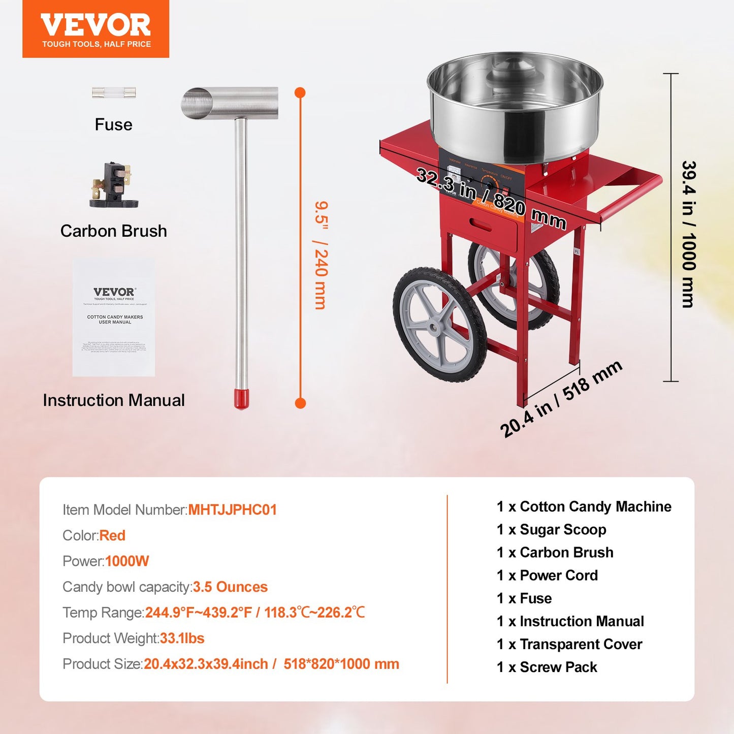 VEVOR Electric Cotton Candy Machine with Cart, 1000W Commercial Candy Floss Maker