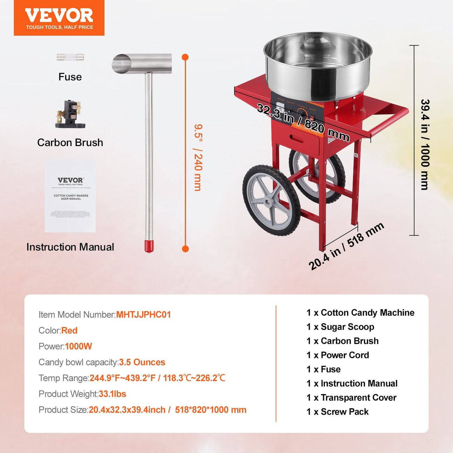 Electric Cotton Candy Maker with Cart, 1000W, Stainless Steel, Red, 15 kg