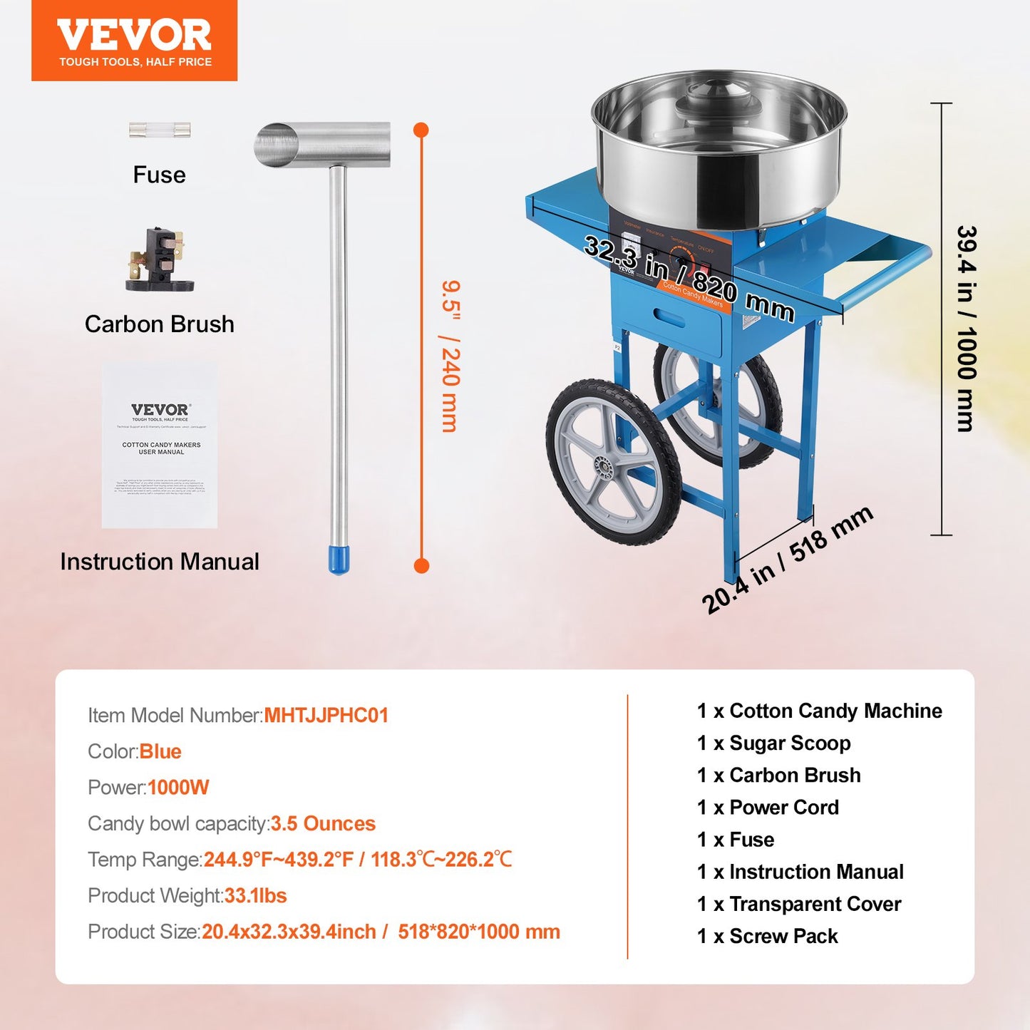 VEVOR Electric Cotton Candy Machine with Cart, 1000W Commercial Candy Floss Maker
