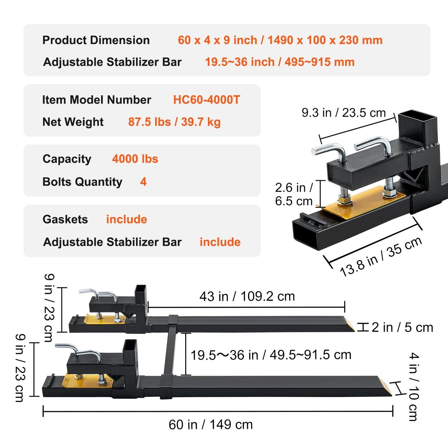 Heavy-Duty Tractor Pallet Forks, 1814 kg Capacity, 1.5 Meter Length, Adjustable Bar