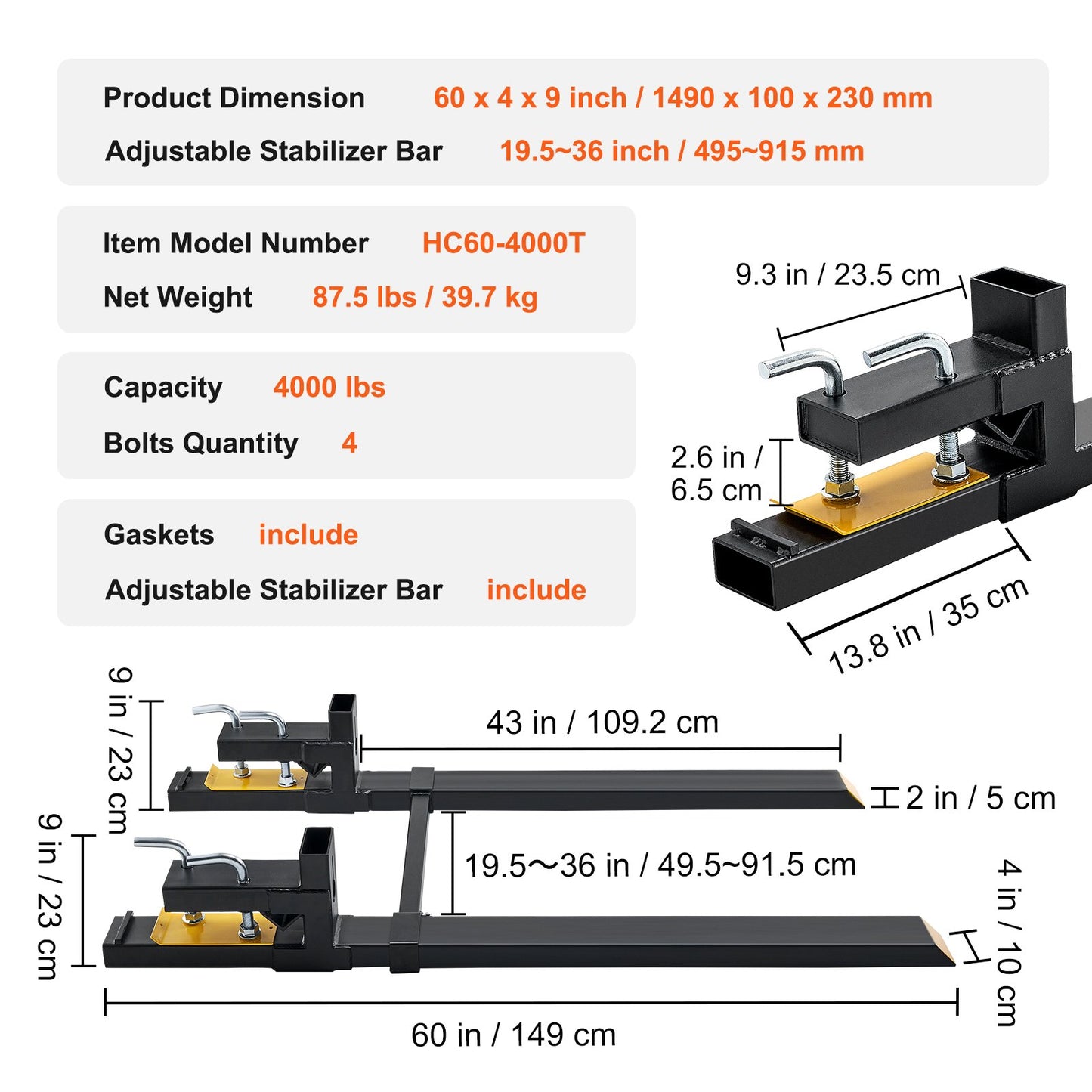 VEVOR Pallet Forks, 4000 lbs Clamp on Pallet Forks, 60" Total Length Heavy Duty