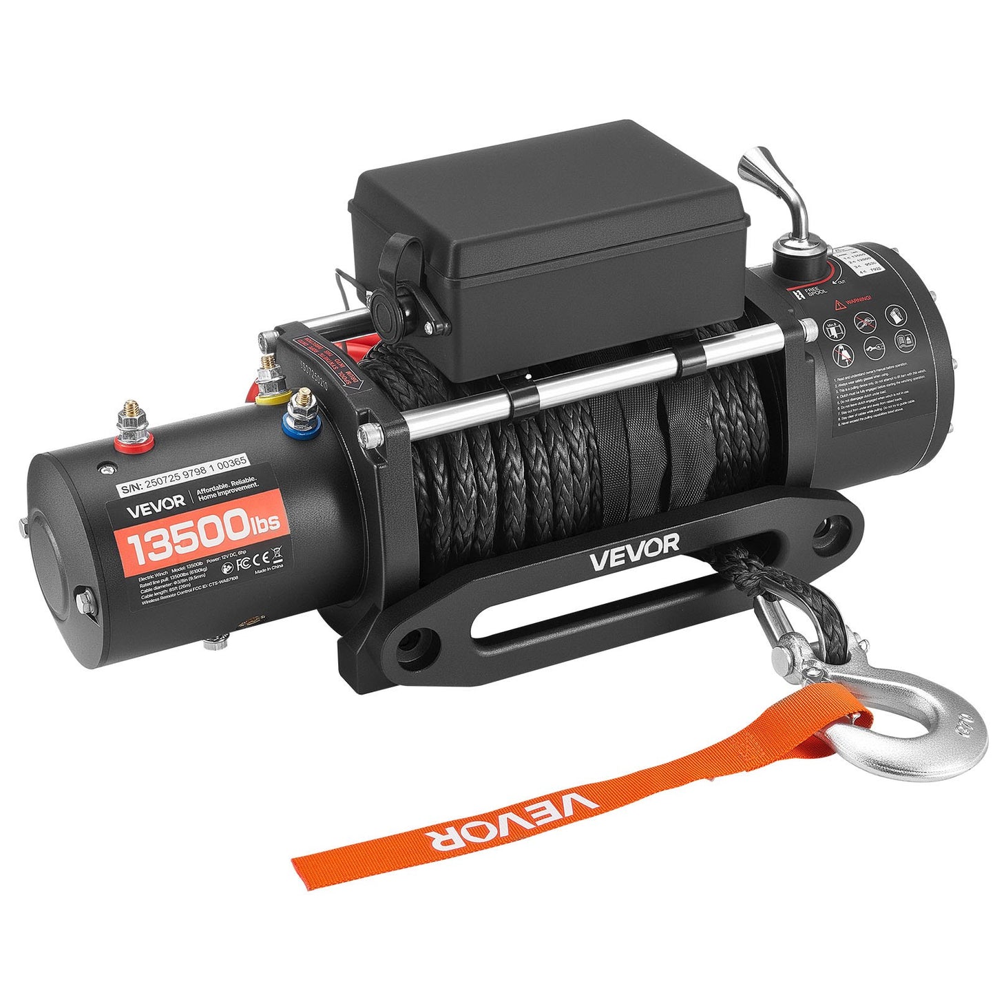 Electric Winch, 6100 kg Load Capacity, 12V DC Truck Winch with Φ9.5 mm x 26 m Synthetic Rope, Wireless & Wired Remote Control, IP55 Waterproof for Towing Off-Road SUV Jeep Trailer Boat