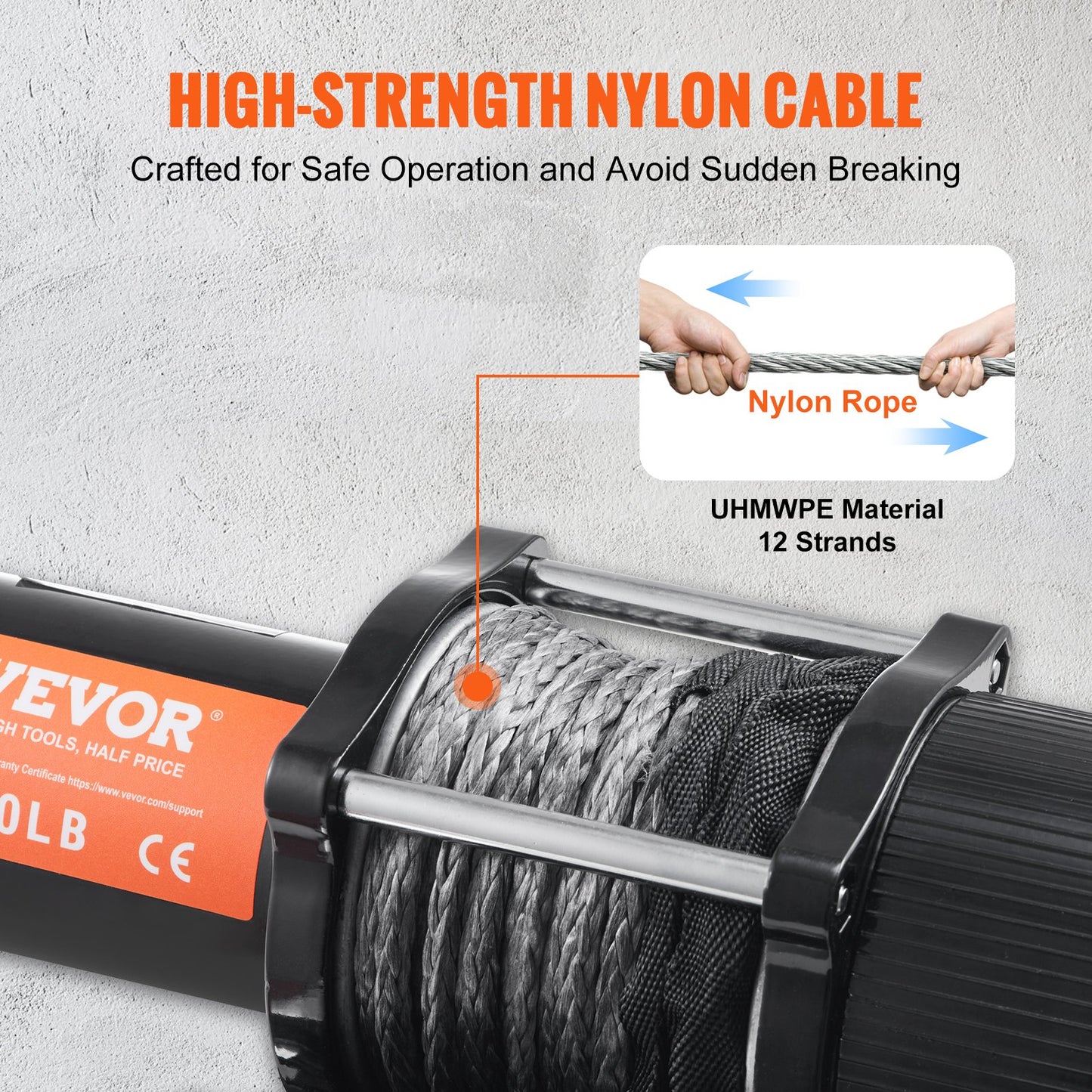 VEVOR Electric Winch, 2041 kg Load Capacity Nylon Rope Winch, IP55 0.6 cm x 12 m