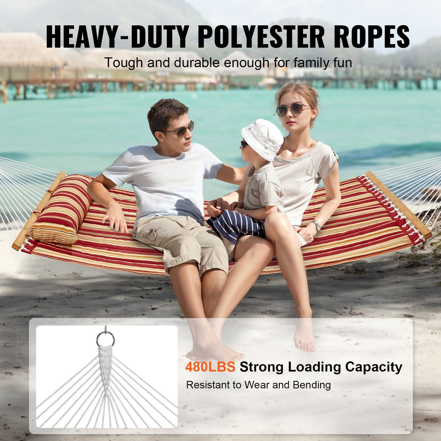 VEVOR Double Quilted Fabric Hammock, 12 FT Double Hammock with Hardwood Spreader