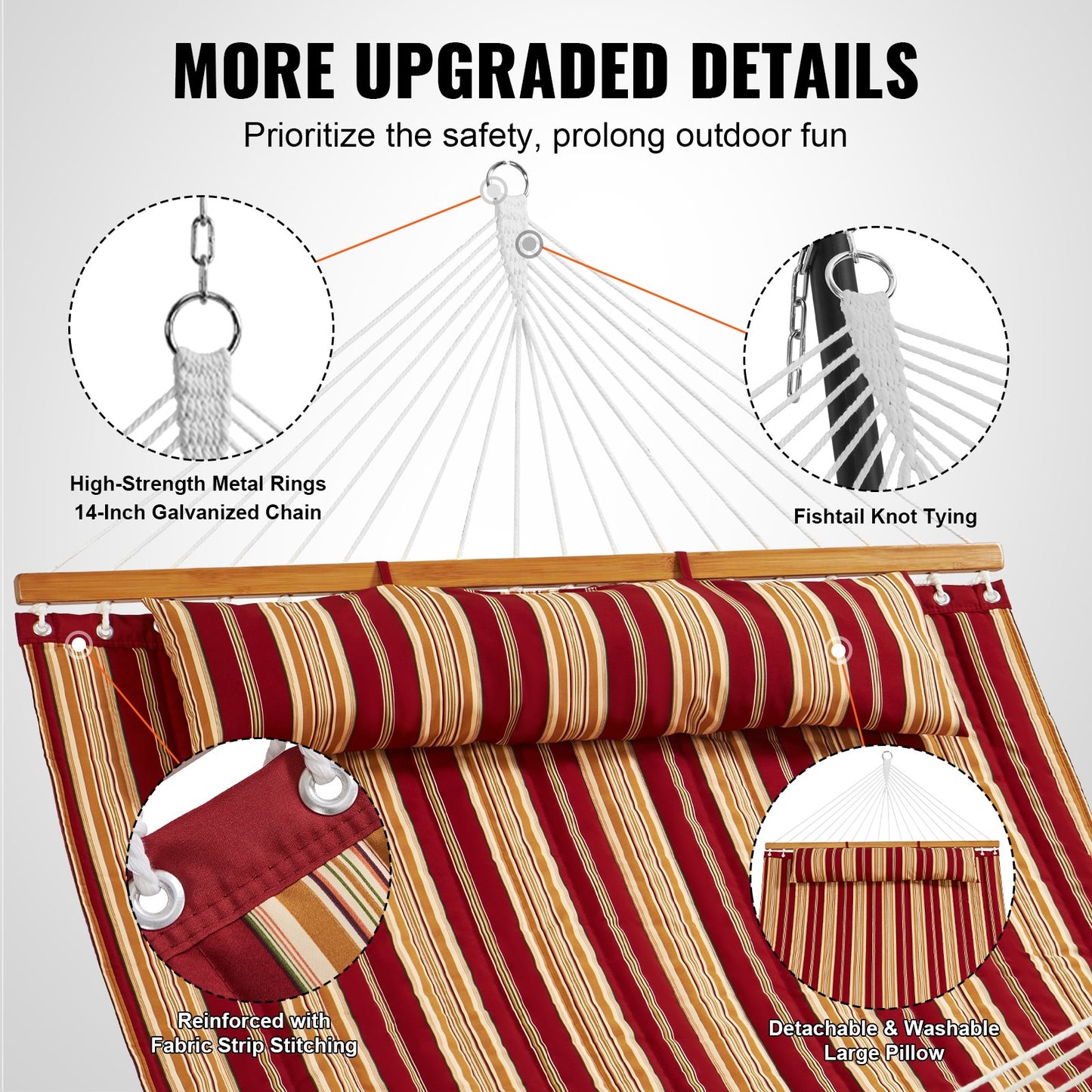 VEVOR Double Quilted Fabric Hammock, 12 FT Double Hammock with Hardwood Spreader