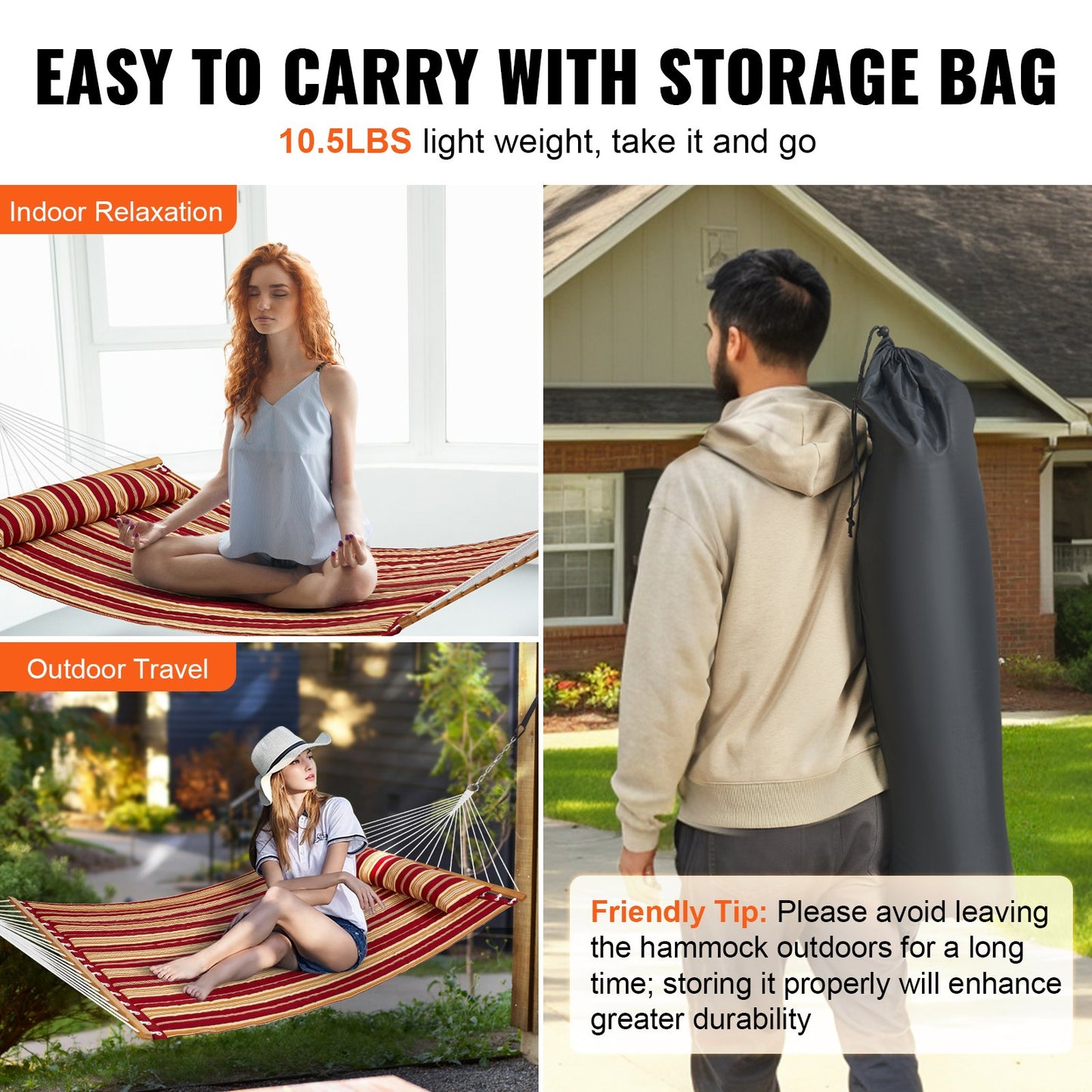 VEVOR Double Quilted Fabric Hammock, 12 FT Double Hammock with Hardwood Spreader